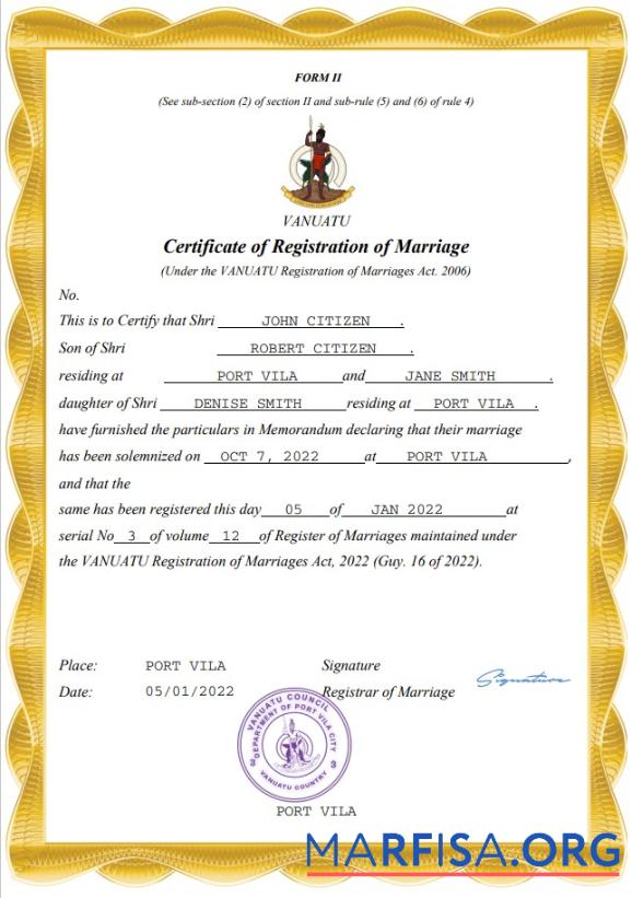 Downloadable Vanuatu marriage certificate Word and PDF template